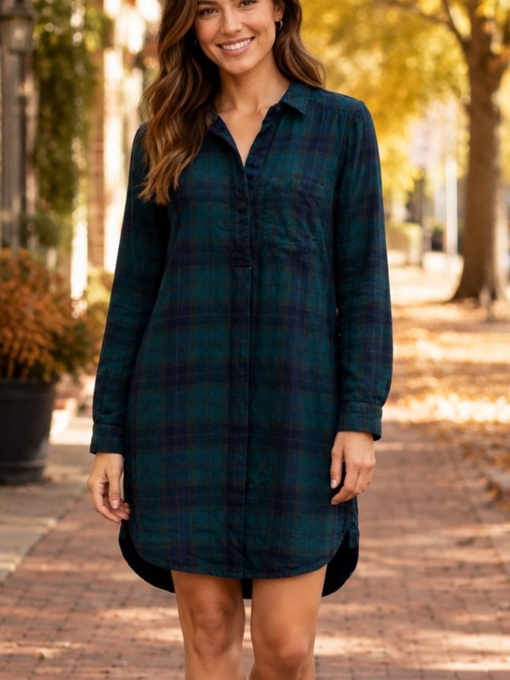Madewell Green Blue Plaid Flannel Shirt Dress Size S Cotton Tunic Button Front
